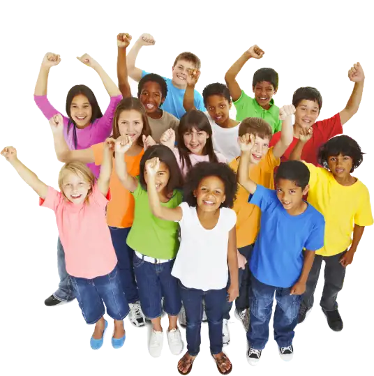 Happy, diverse students celebrating success at Ambition International School